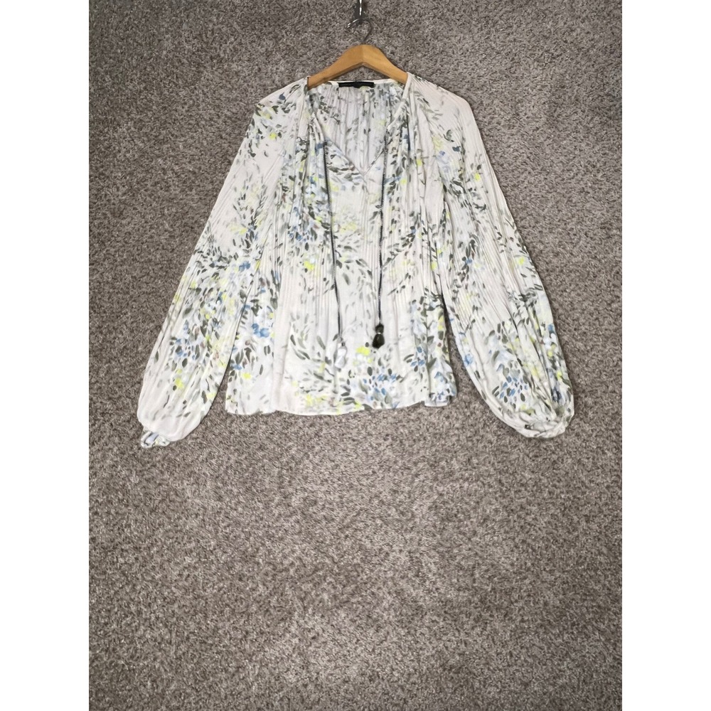White House Black Market Floral Pleated Blouse Long Sleeve Tassel Top Ivory L